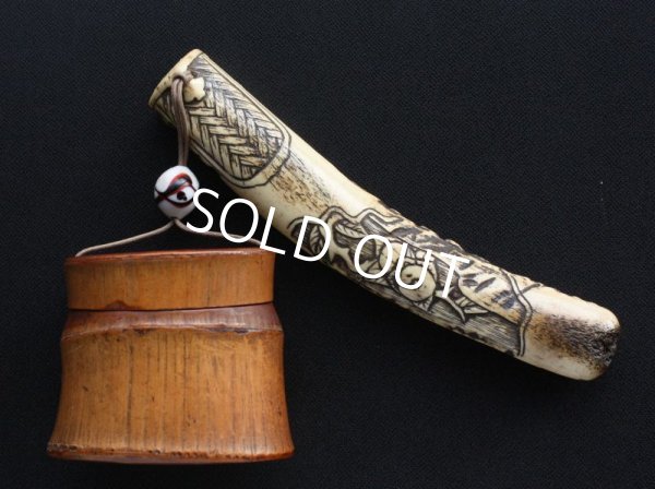 Photo1: Japanese Antique Fine Bamboo Tobacco porch Antler Kiseru Pipe case Netsuke ojime