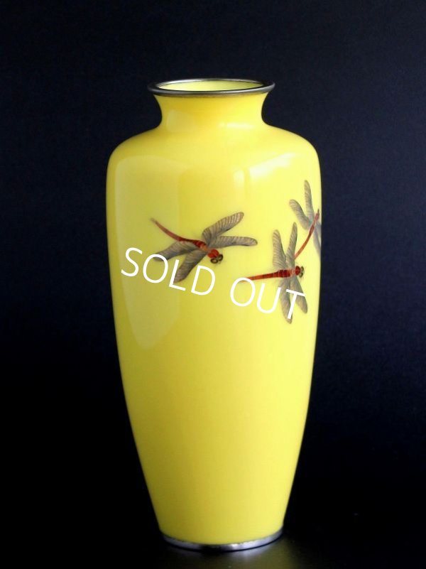 Photo3: Antique Japanese Ando Cloisonne Enamel RARE Yellow Vase Fine Dragonfly Excellent