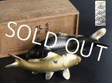 Japanese Vintage Bronze Pair Carp KOI Statue Artist signed HIDEAKI w/box