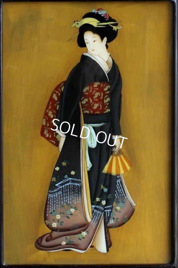 Photo1: Antique Japanese Reverse Hand Painting on Glass Ukiyoe Beautiful Geisha