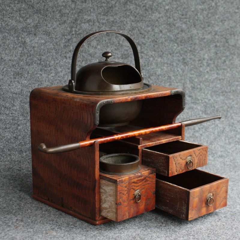 Antique Japanese wooden & copper Tobacco tray Box drawer With Long Kiseru Pipe