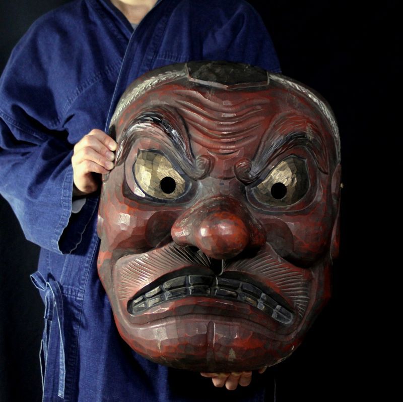 Japanese Antique Wood Carving Lacquered BIG TENGU MASK Fine chisel mark