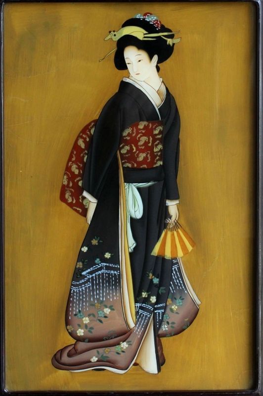 Antique Japanese Reverse Hand Painting on Glass Ukiyoe Beautiful Geisha