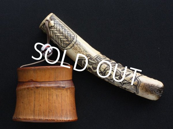 Photo1: Japanese Antique Fine Bamboo Tobacco porch Antler Kiseru Pipe case Netsuke ojime