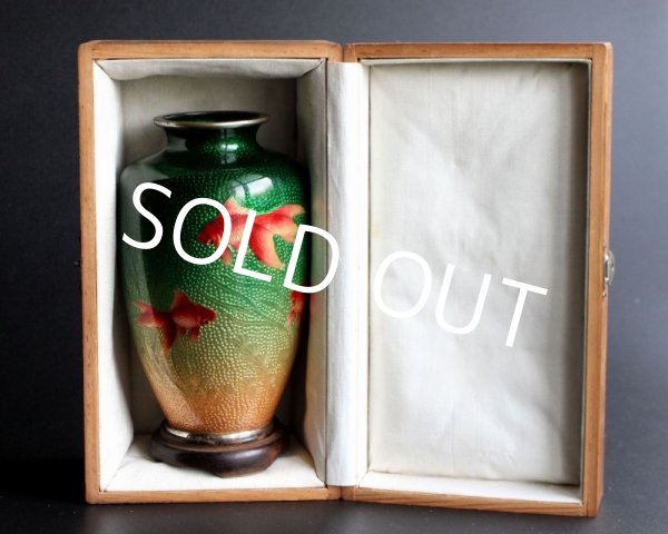 Photo3: Antique Japanese Gold fish signed Cloisonne Enamel Vase with wood box