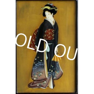 Photo: Antique Japanese Reverse Hand Painting on Glass Ukiyoe Beautiful Geisha